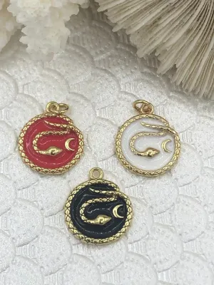 Enamel Snake on Round Coin Pendant With Crescent Moon, Gold Enamel Round Pendant, Enamel 3 Colors from the menu. 20mm x 16mm Fast Shipping