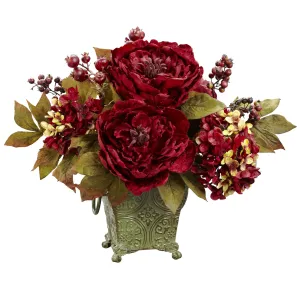 14" Artificial Peony & Hydrangea Arrangement w/Planter - Low Maintenance, Life-Like & Vibrant Silk Flowers For Busy People.