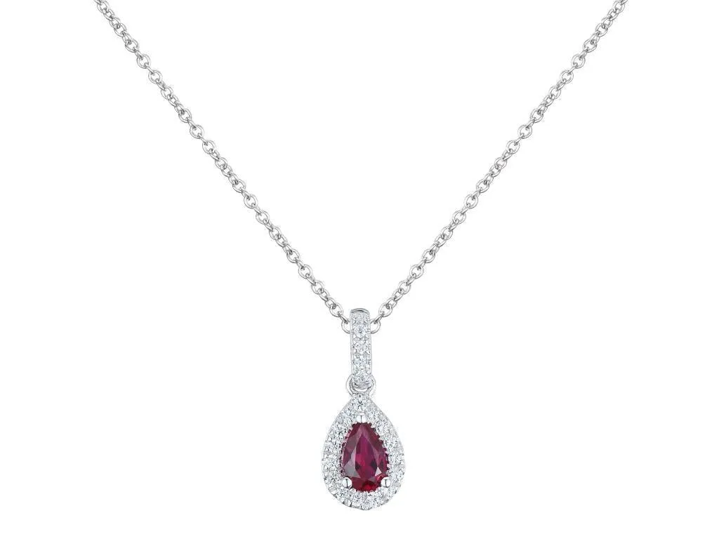 18ct White Gold 0.26ct Pear Cut Ruby And 0.10ct Diamond Halo Drop Necklace