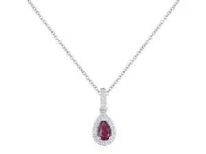 18ct White Gold 0.26ct Pear Cut Ruby And 0.10ct Diamond Halo Drop Necklace