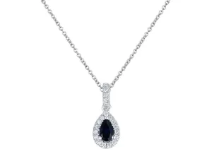 18ct White Gold 0.28ct Pear Cut Blue Sapphire And 0.10ct Diamond Halo Drop Necklace