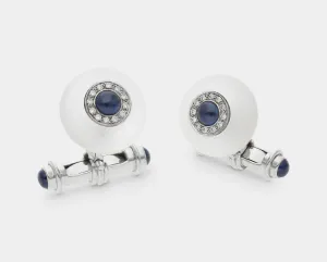 18ct White Gold Cufflinks Rock Crystal, Diamond And Sapphire Cufflinks