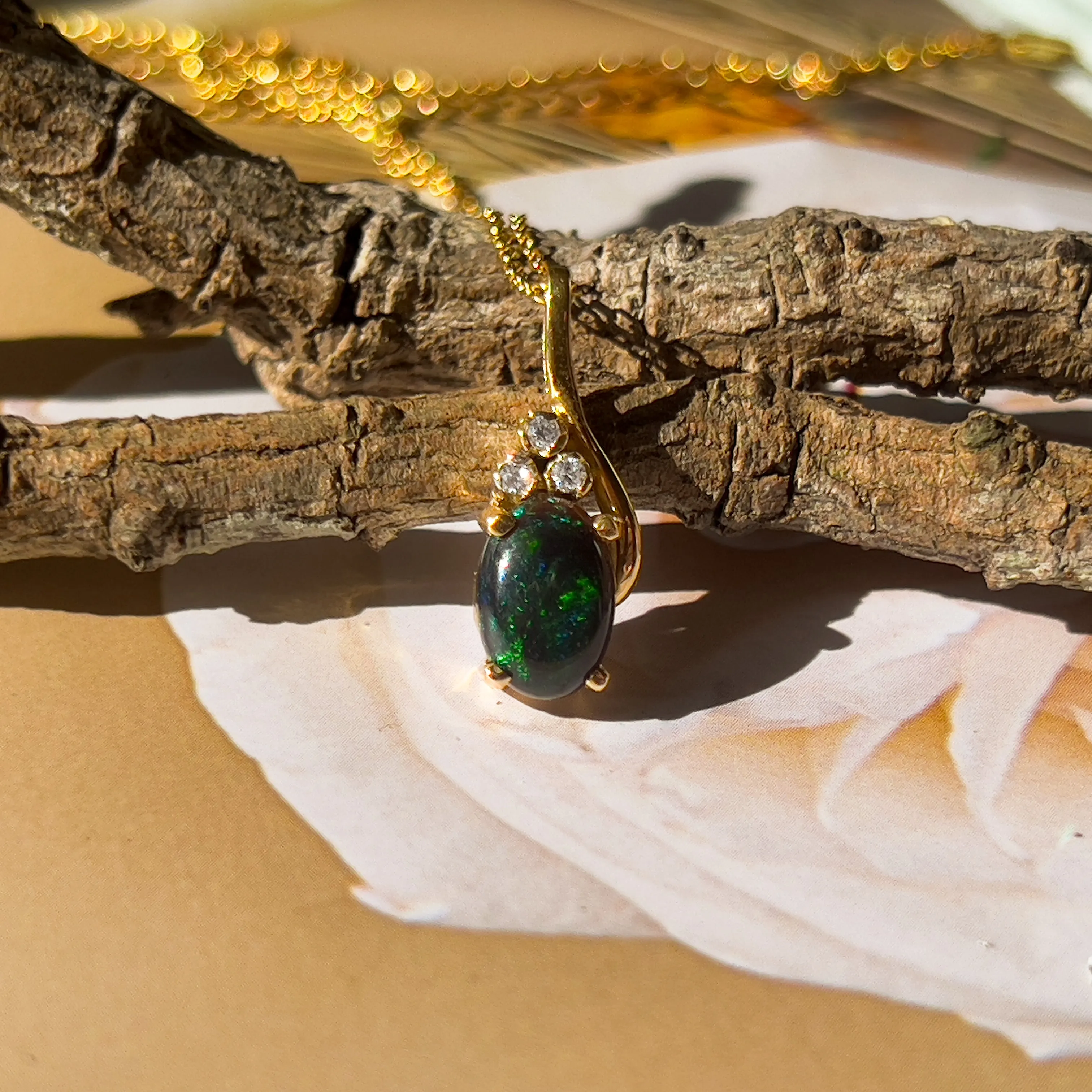 18Kt Yellow Gold Diamond Pendant - 1.8ct Black Opal, Luxury Minimalist Necklace, Perfect Crystal & Birthstone Gift for Her, Women's Necklace