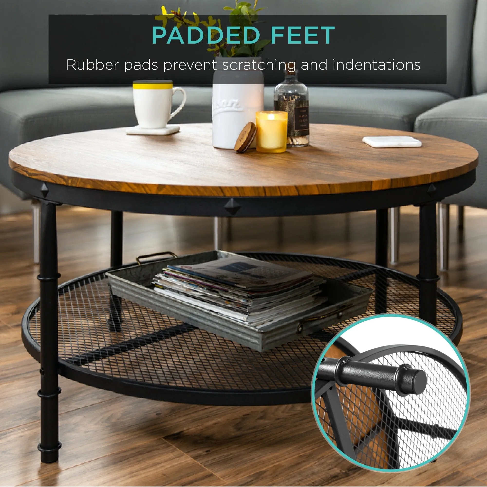 2-Tier 35.5" Round Industrial Wood & Steel Coffee Table, Storage Shelves