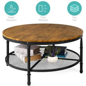 2-Tier 35.5" Round Industrial Wood & Steel Coffee Table, Storage Shelves