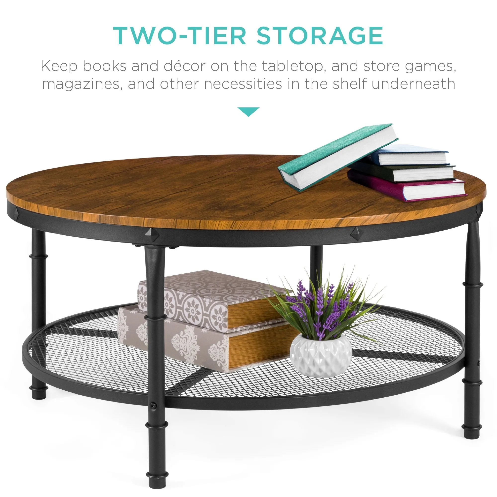 2-Tier 35.5" Round Industrial Wood & Steel Coffee Table, Storage Shelves