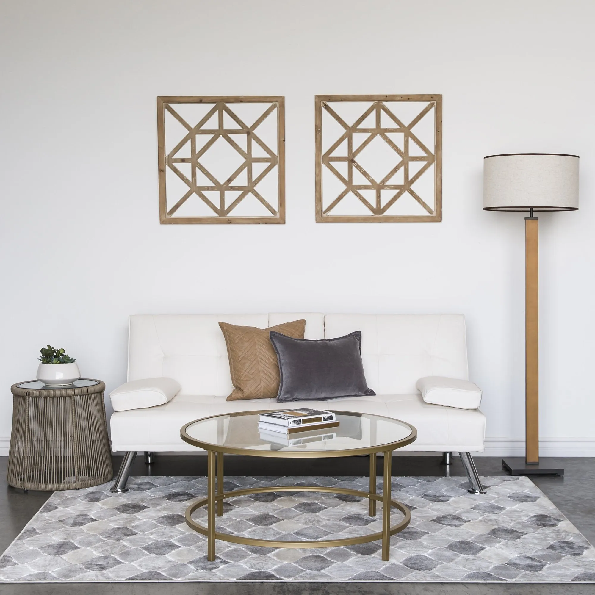 36in Round Glass Coffee Table w/ Satin Gold Trim