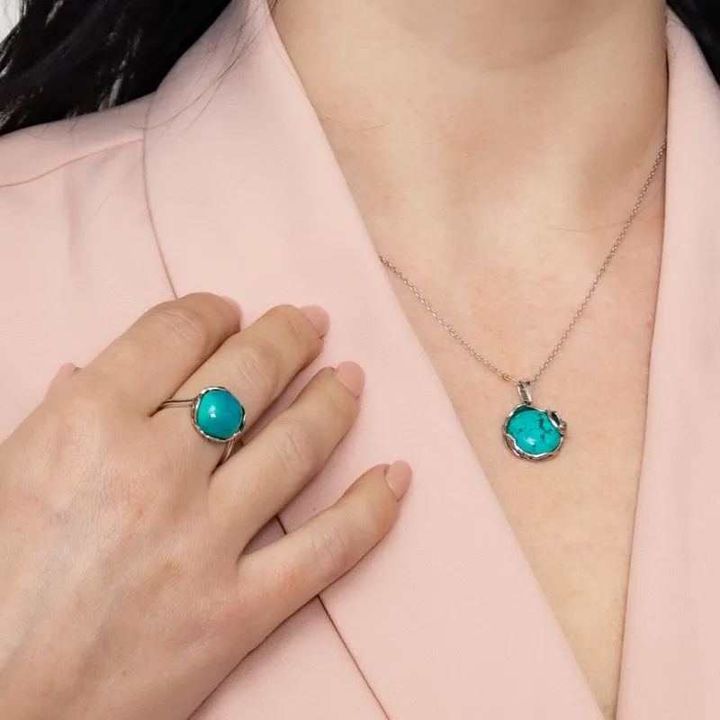 925 Sterling Silver Round Turquoise 12mm Ring