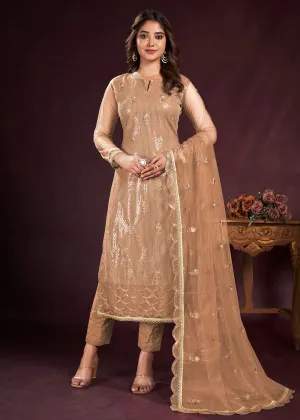 Beige Butterfly Net Embroidered Festive Salwar Suit