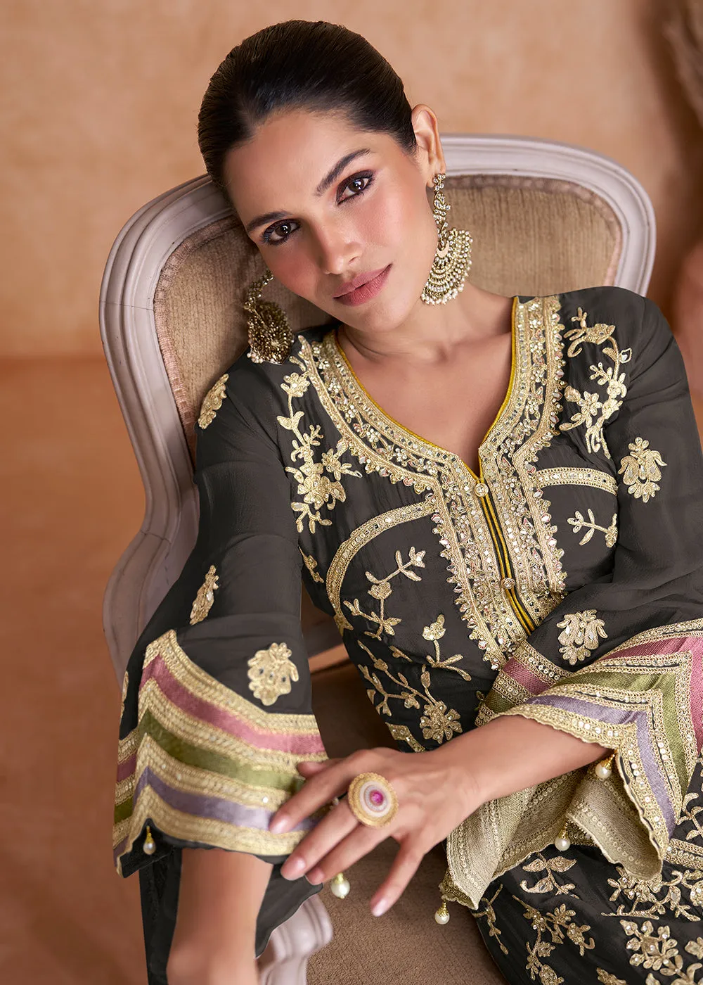 Black Chinnon Fabric Embroidered Designer Salwar Suit