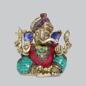 Brass Stonework Ganesha in Turban 8 in