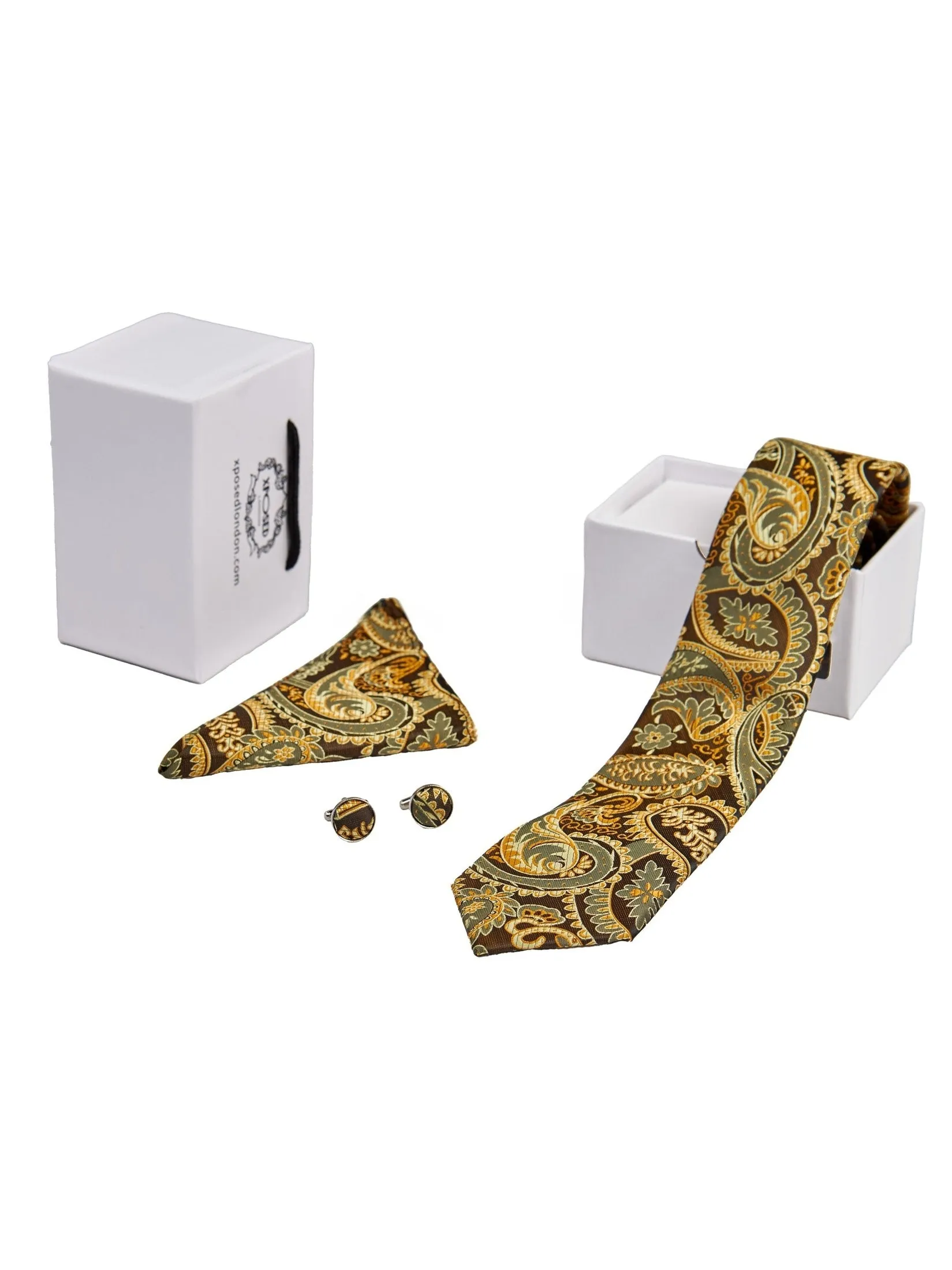 BROWN GOLD FLORAL PAISLEY NECK TIE SET