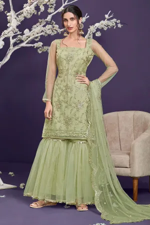 Butterfly Net Pista Green Premium Embroidered Gharara Suit