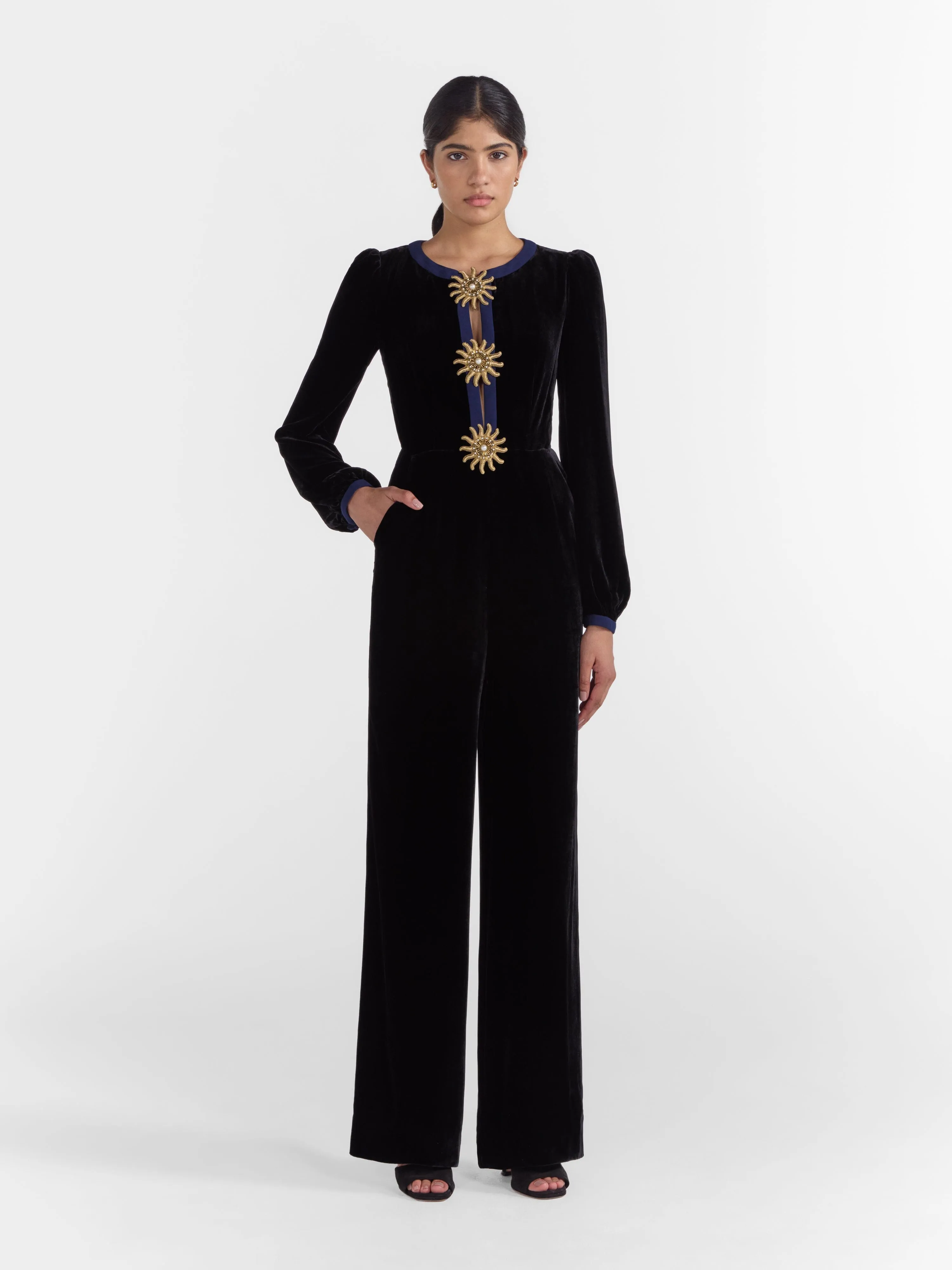 Camille Bows Jumpsuit in Black Gold Embroidery