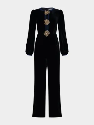 Camille Bows Jumpsuit in Black Gold Embroidery