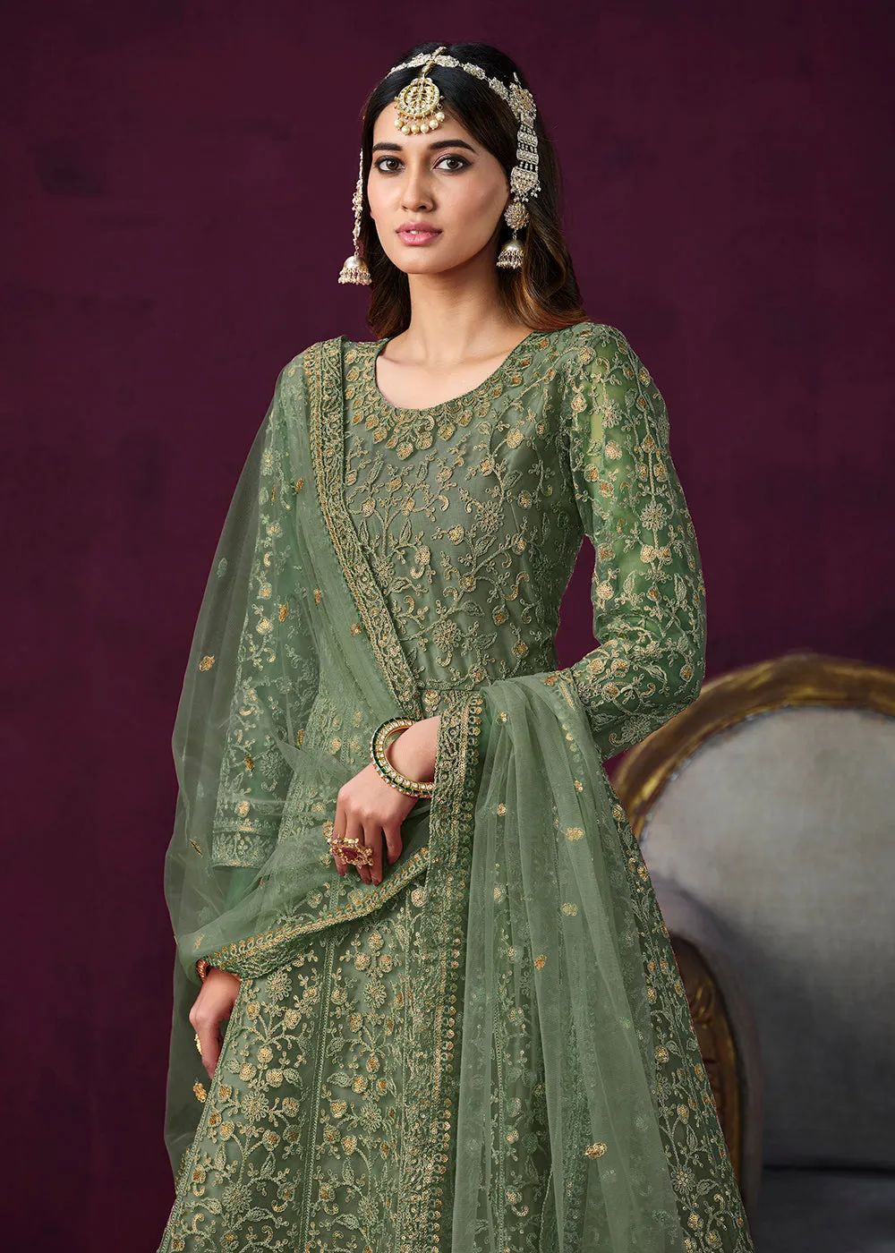 Charming Green Embroidered Net Floor Length Anarkali Suit