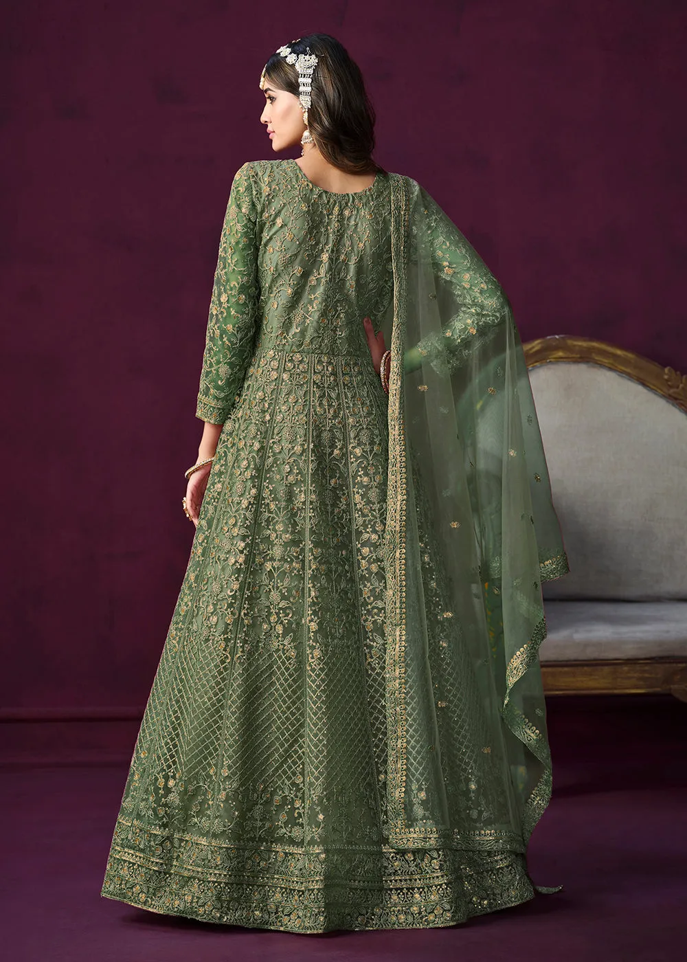 Charming Green Embroidered Net Floor Length Anarkali Suit