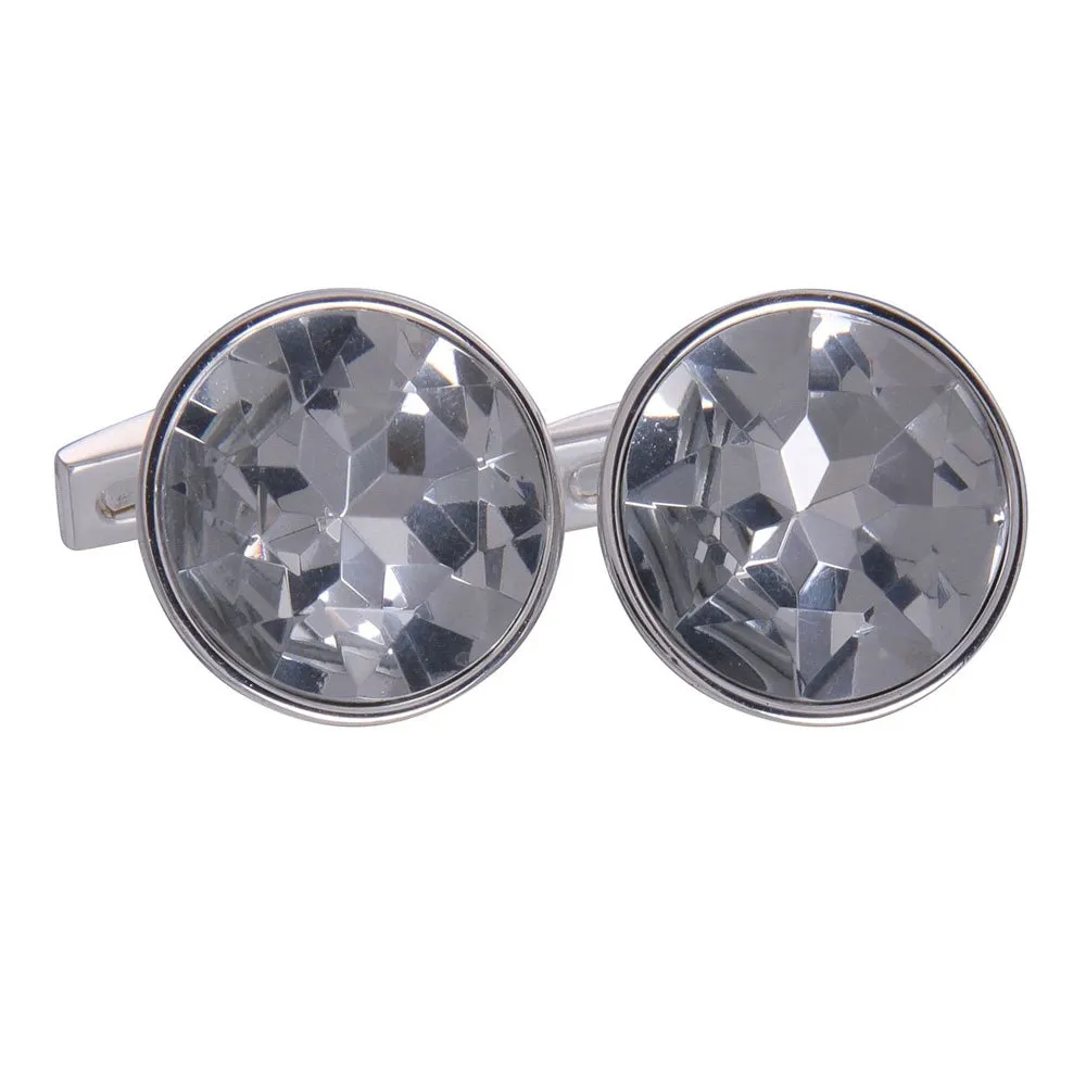 Clear Silver Round Gem Cufflinks