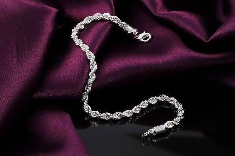 Diamond Cut Rope Chain 4mm Silver Bracelet For Woman any Occasion