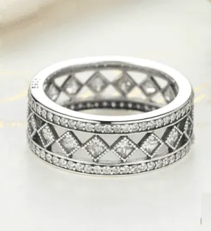 Diamond Harlequin Pattern CZ Sterling Silver Eternity Band Ring