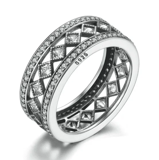 Diamond Harlequin Pattern CZ Sterling Silver Eternity Band Ring