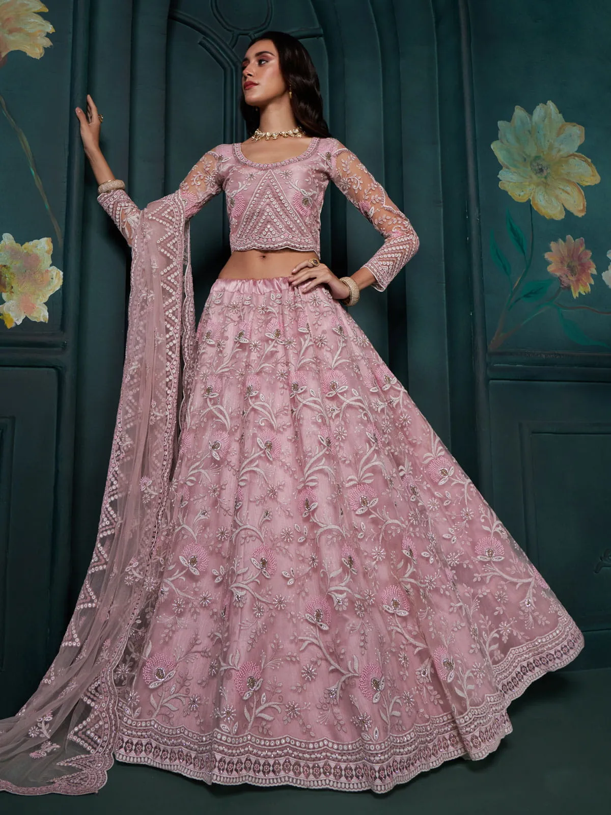 Dusty Pink Cording Embroidered Wedding Lehenga Choli