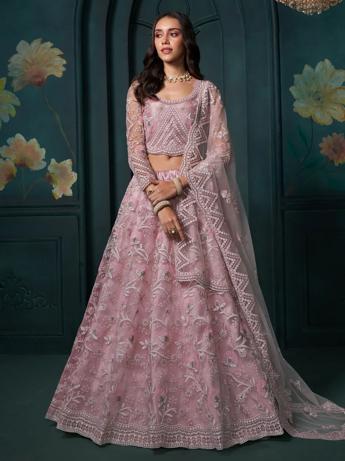 Dusty Pink Cording Embroidered Wedding Lehenga Choli