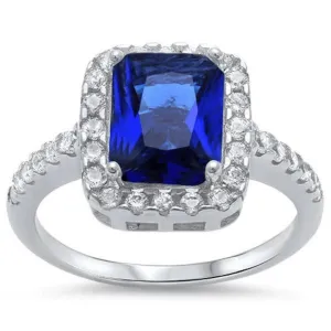 Emerald Cut Blue Sapphire & CZ .925 Sterling Silver Ring