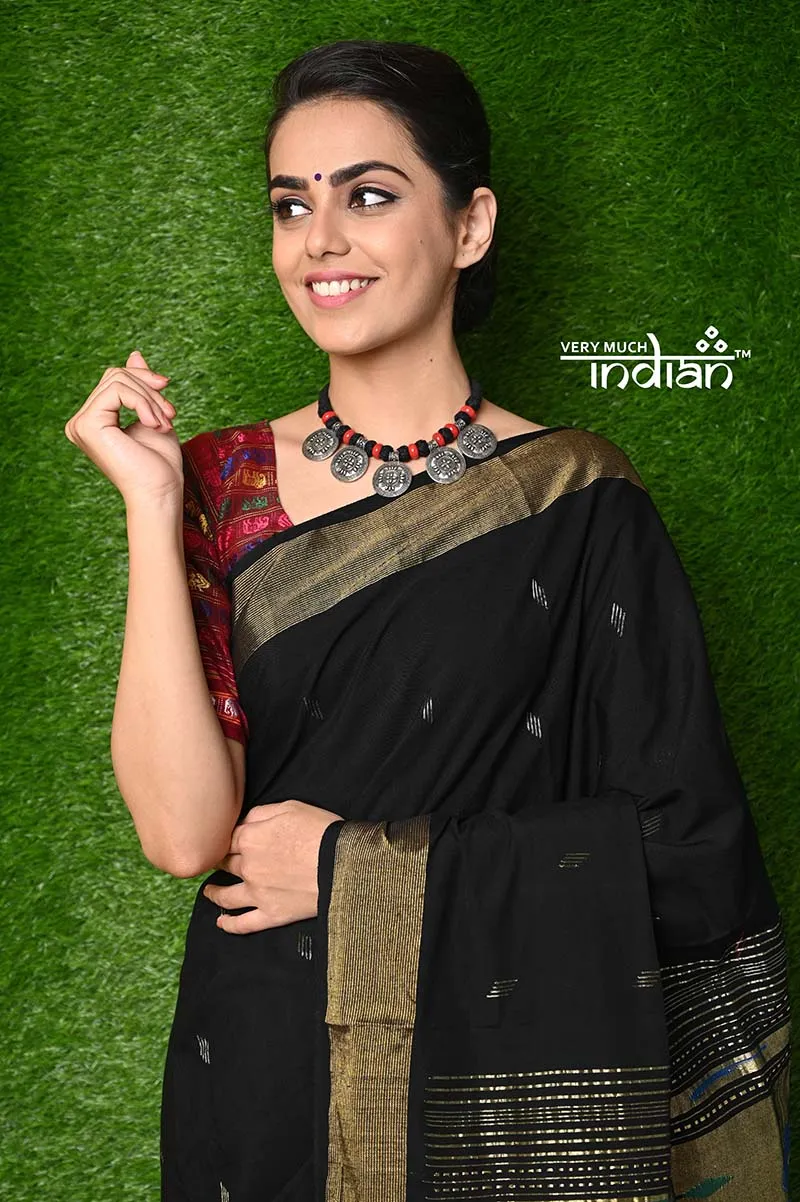 Exclusive Cotton Handloom Paithani - Black Colour with Designer 3 Parrots Pallu