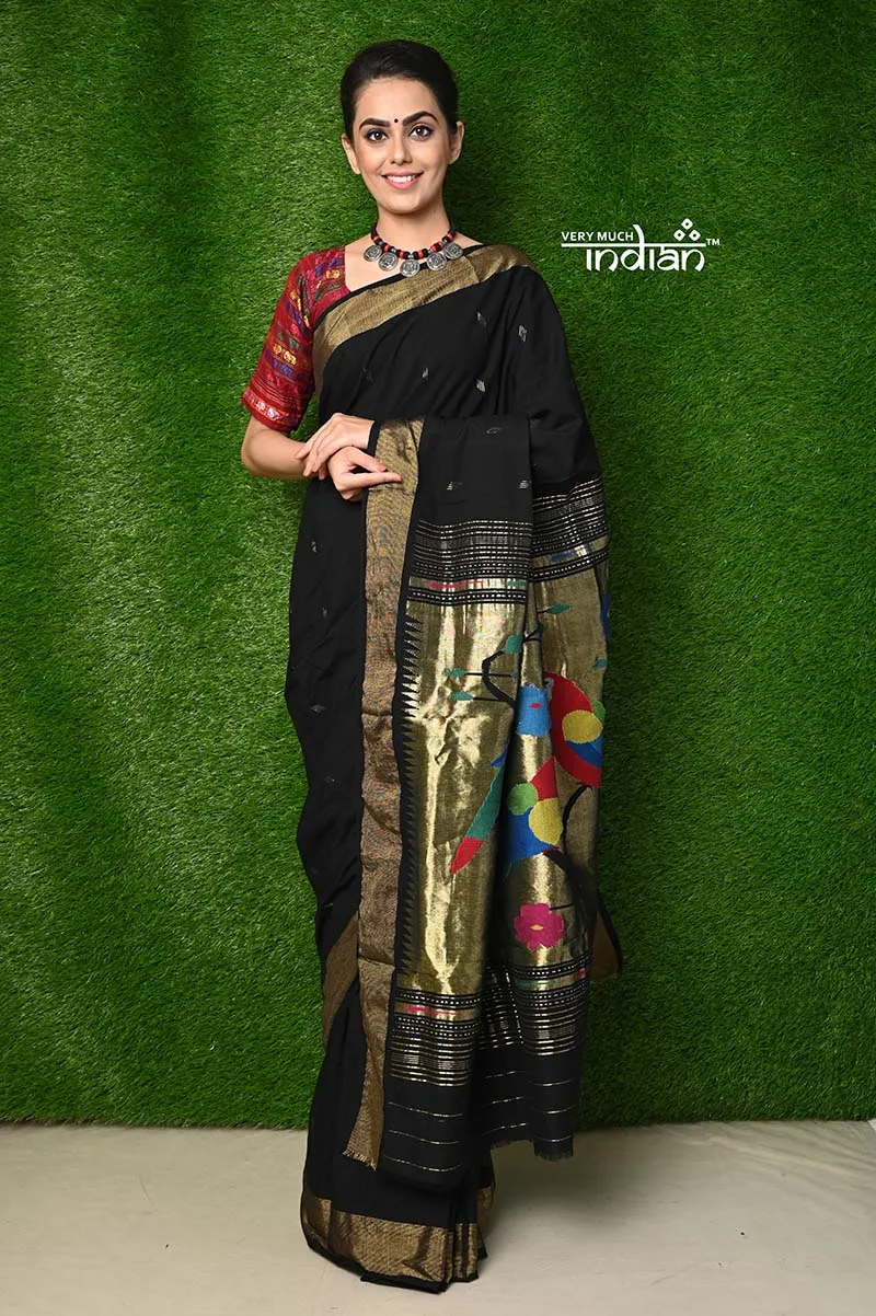 Exclusive Cotton Handloom Paithani - Black Colour with Designer 3 Parrots Pallu