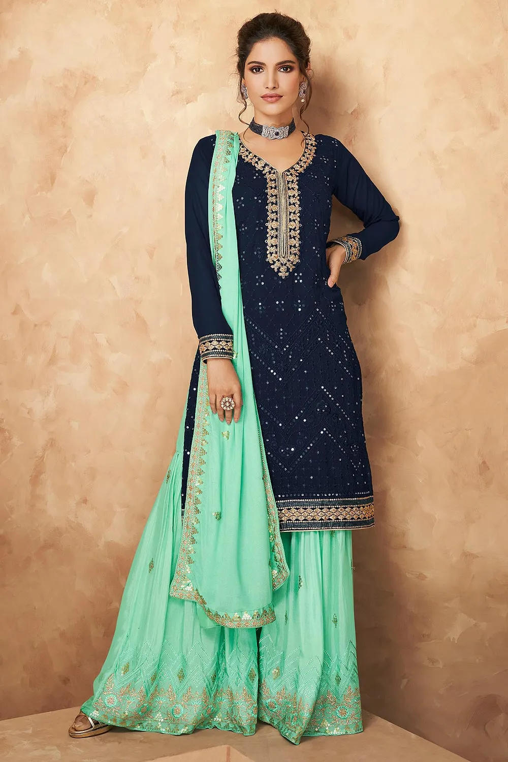 Faux Georgette Navy & Aqua Blue Designer Sharara Suit