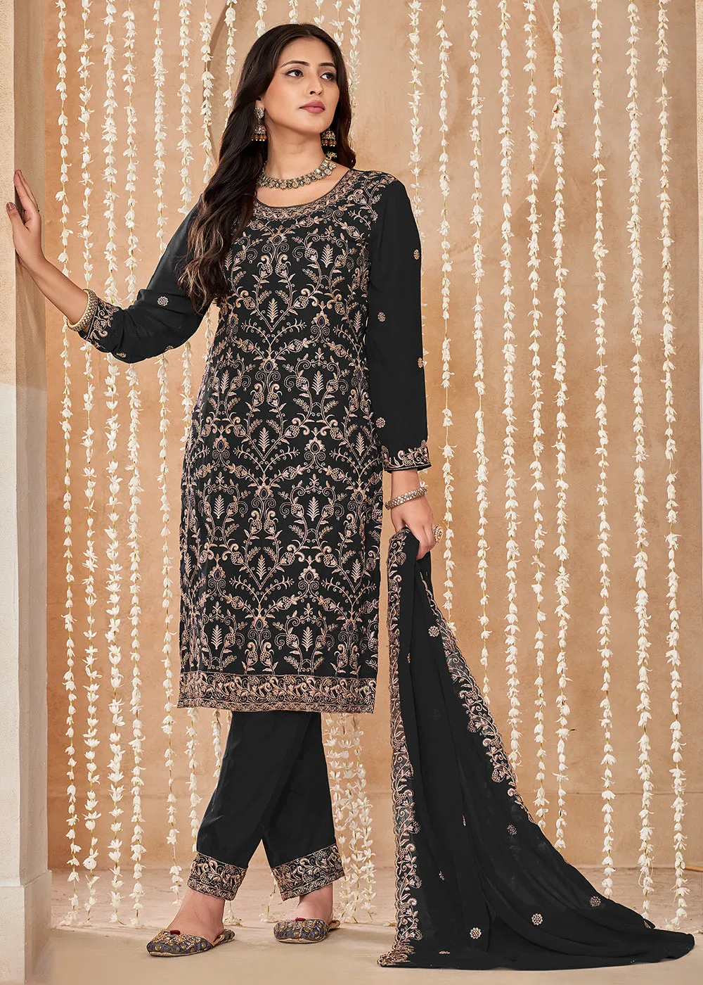 Festive Style Black Zari Embroidered Salwar Suit