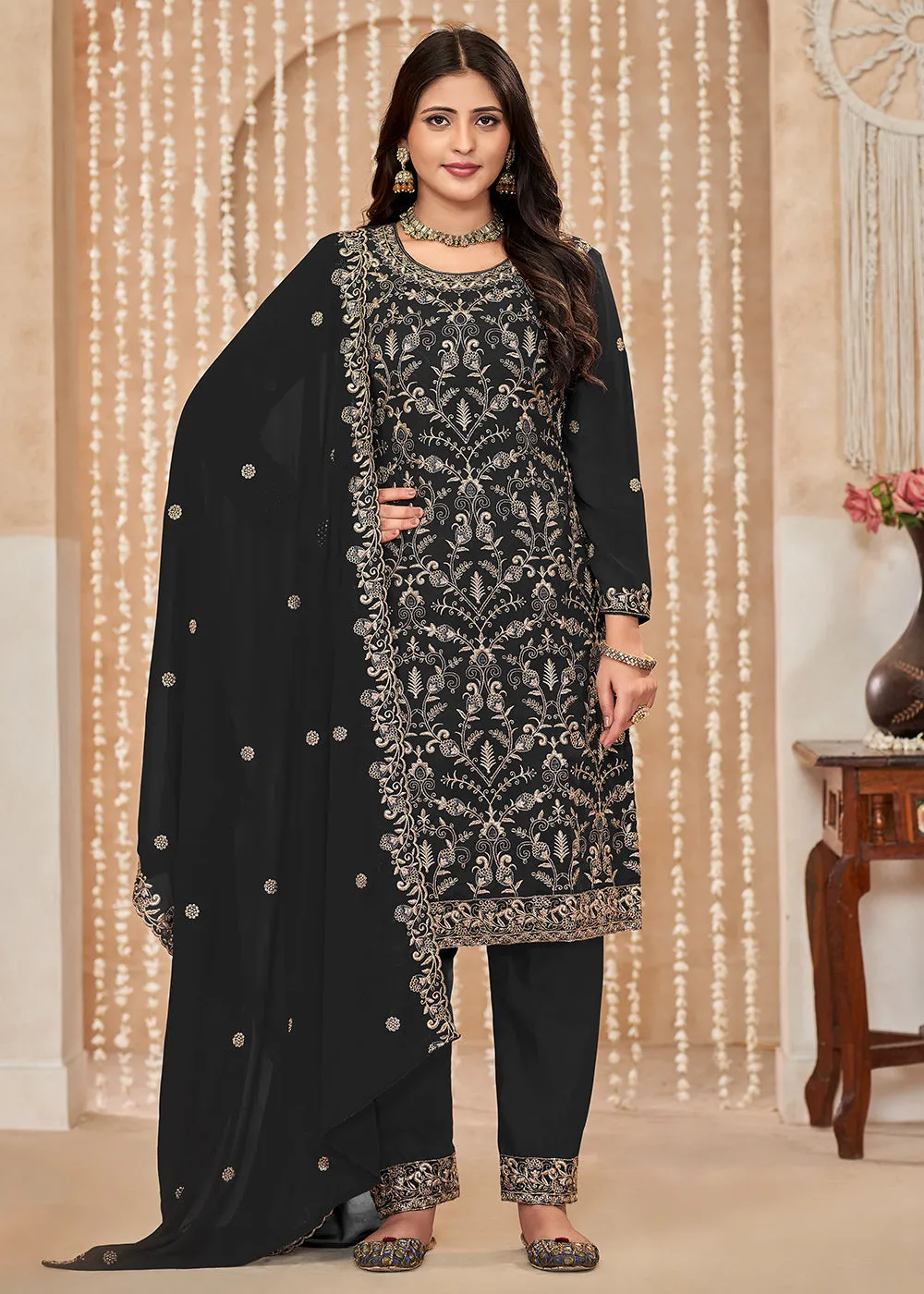 Festive Style Black Zari Embroidered Salwar Suit