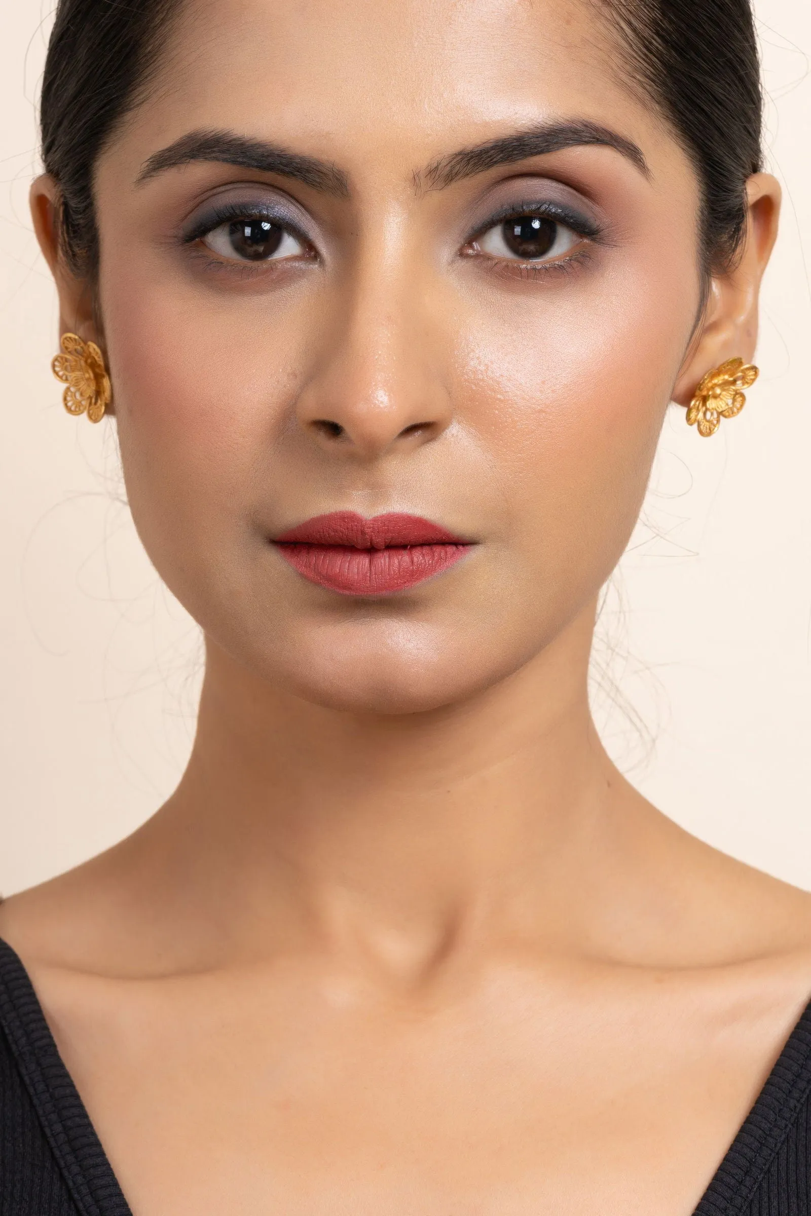 Gold Plated Double Floral Stud Earrings - Copper Jewelry with Luxurious Shine