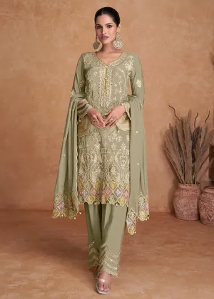 Green Chinnon Fabric Embroidered Designer Salwar Suit