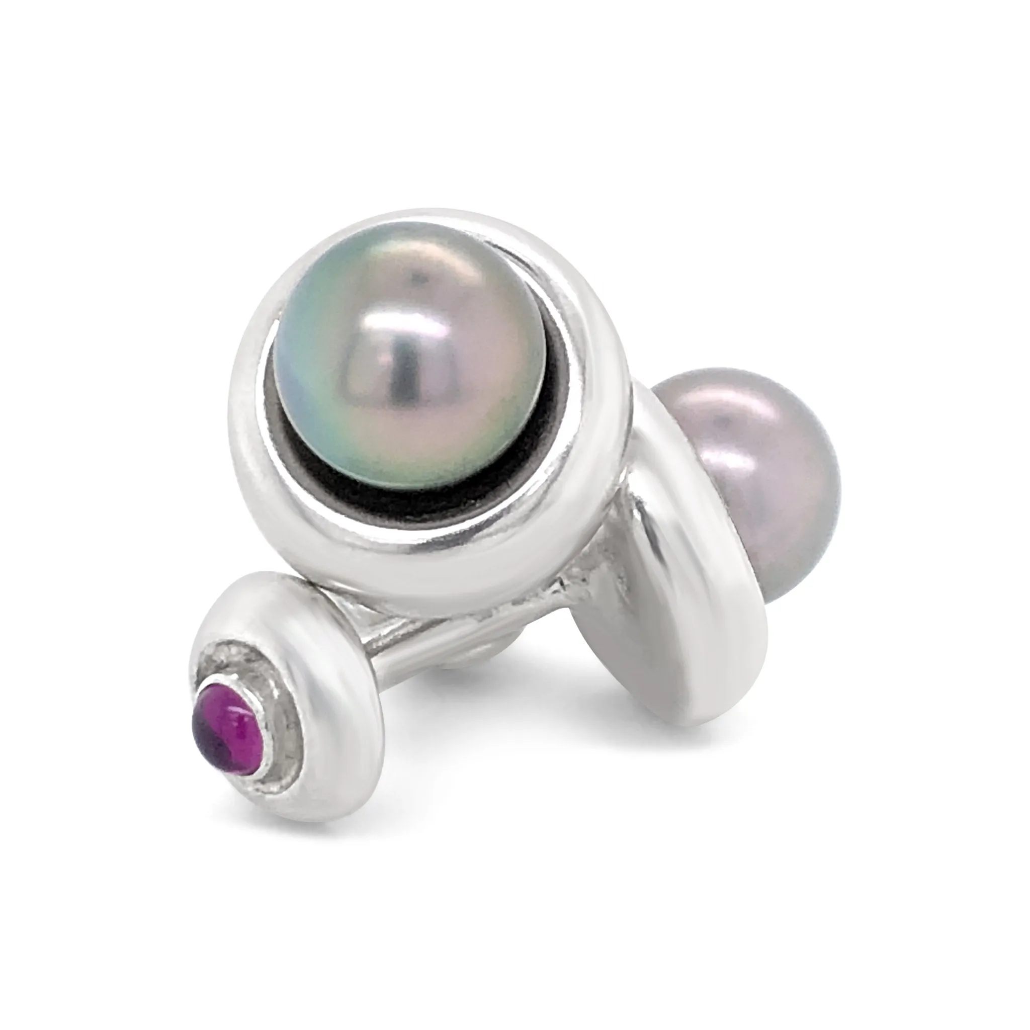 Grey Tahitian Pearl and Rhodolite Garnet Cufflinks in Sterling Silver