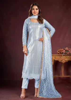 Ice Blue Butterfly Net Embroidered Festive Salwar Suit