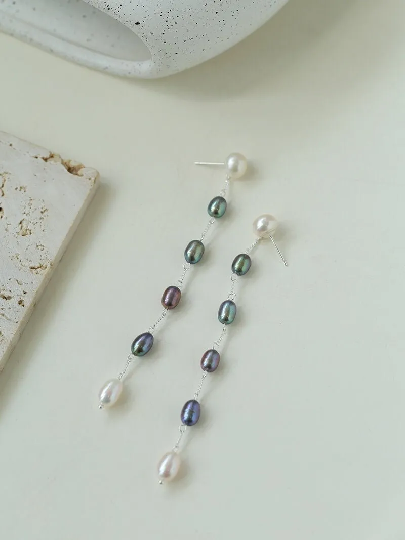 Iridescent Pearl Two-Tone Long Dangle Earrings