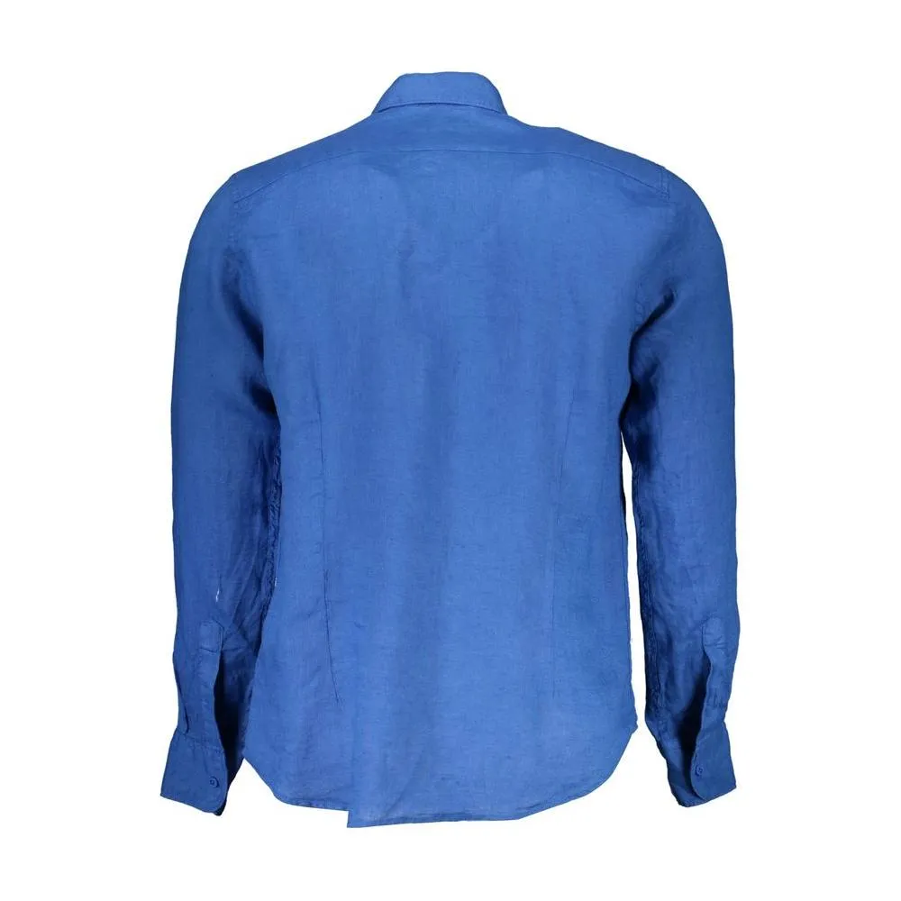 La Martina Blue Linen Men Shirt