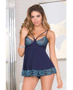 Lace & Microfiber Babydoll W-soft Cups & G-string Blue