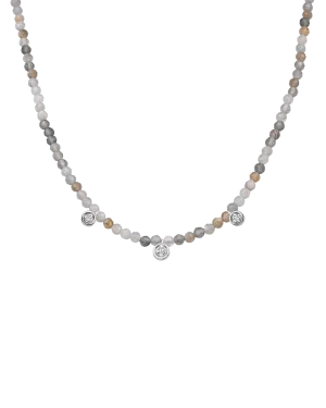 Moonstone Gemstone & Three diamonds Necklace - 14K White Gold