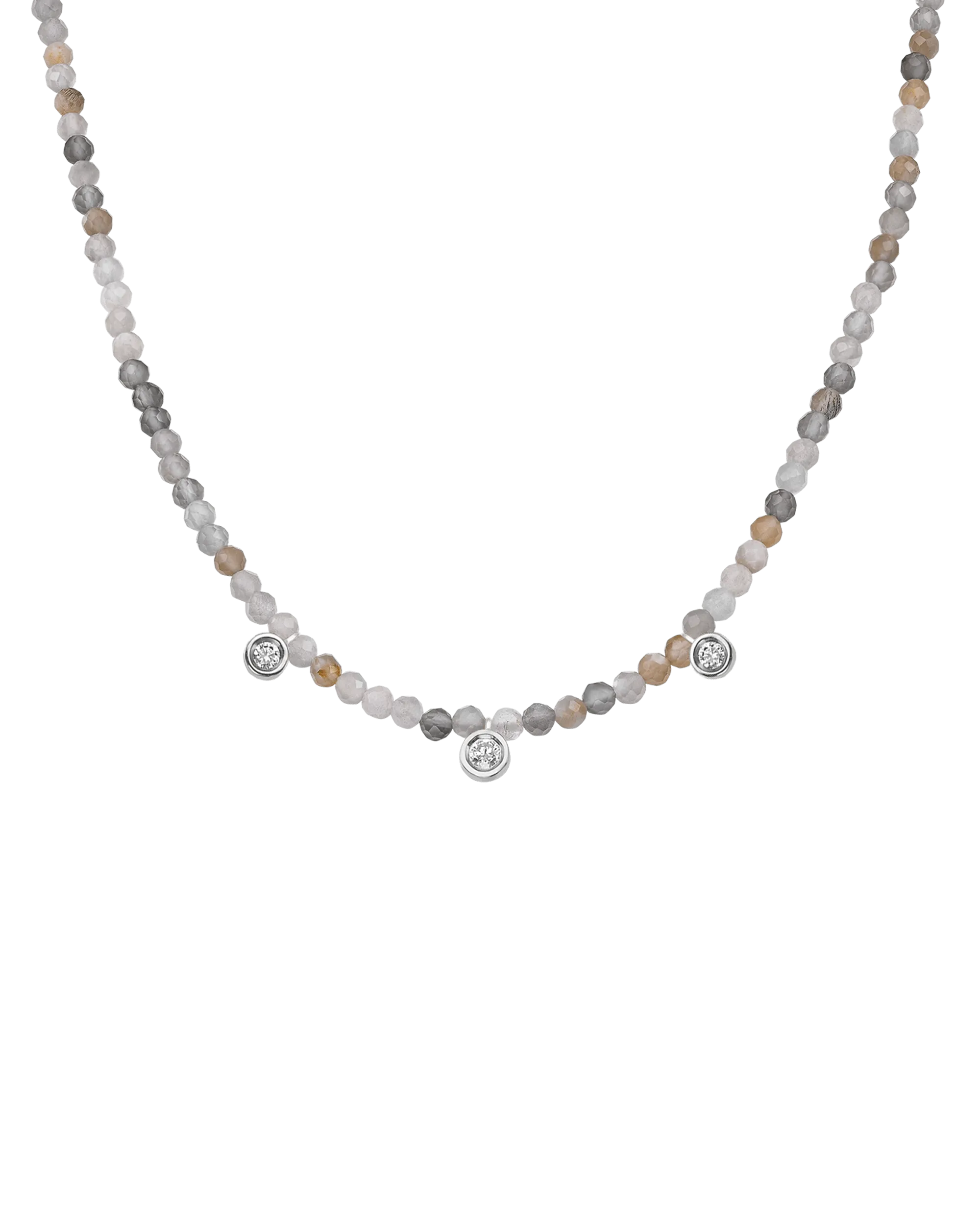 Moonstone Gemstone & Three diamonds Necklace - 14K White Gold