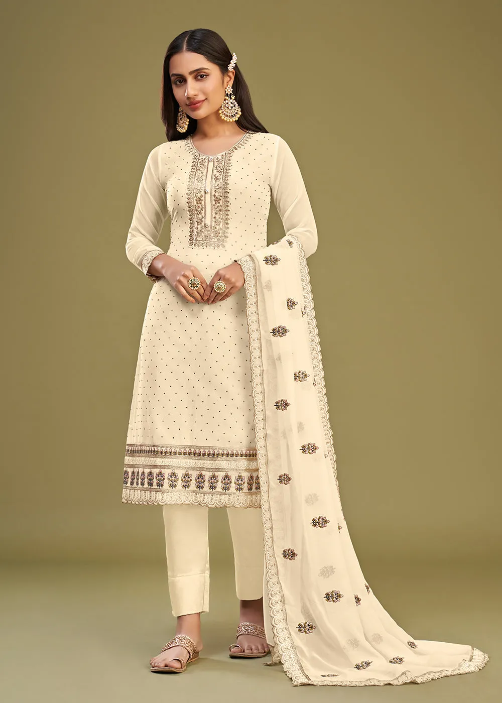 Off White Swarovski Work & Embroidered Eid Wear Salwar Suit