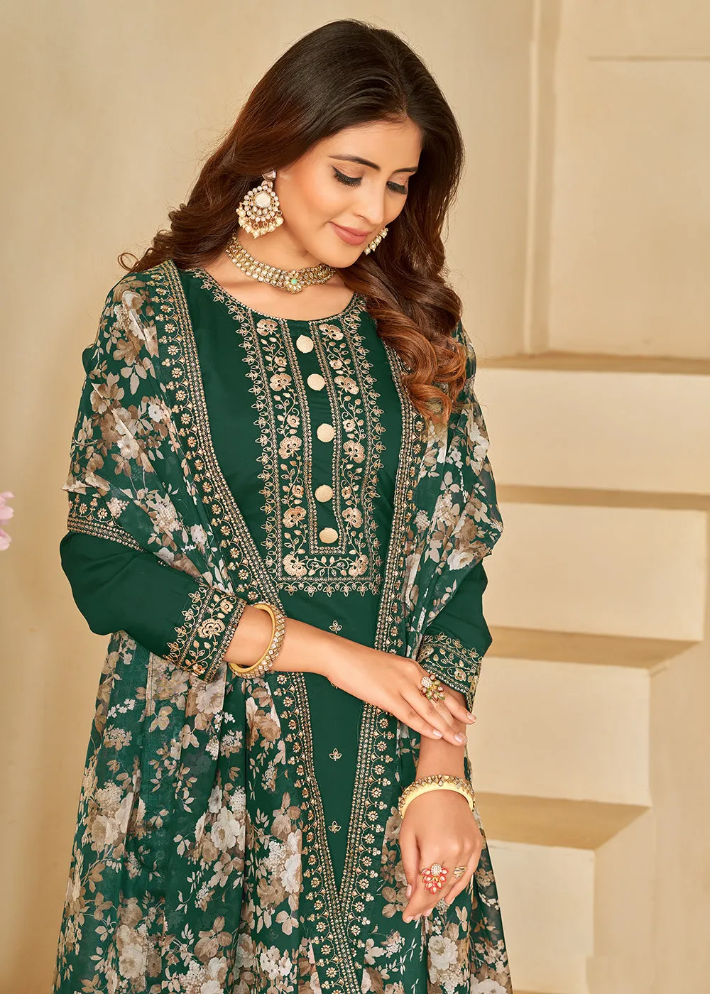 Pant Style Green Silk Embroidered Ethnic Salwar Kameez