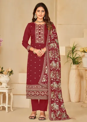 Pant Style Maroon Silk Embroidered Ethnic Salwar Kameez