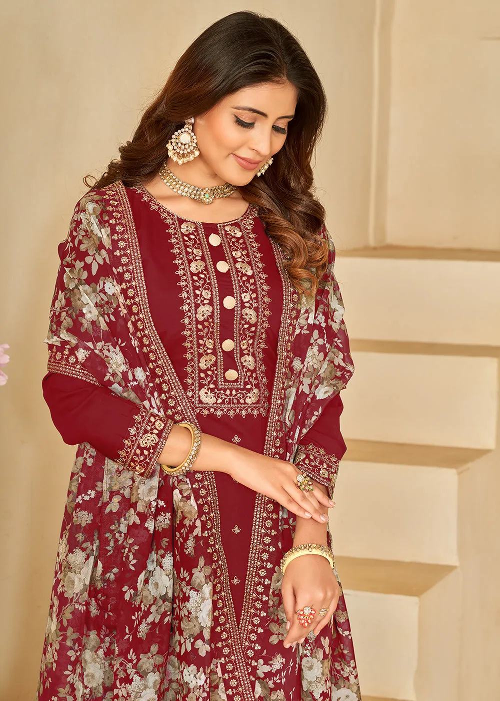 Pant Style Maroon Silk Embroidered Ethnic Salwar Kameez