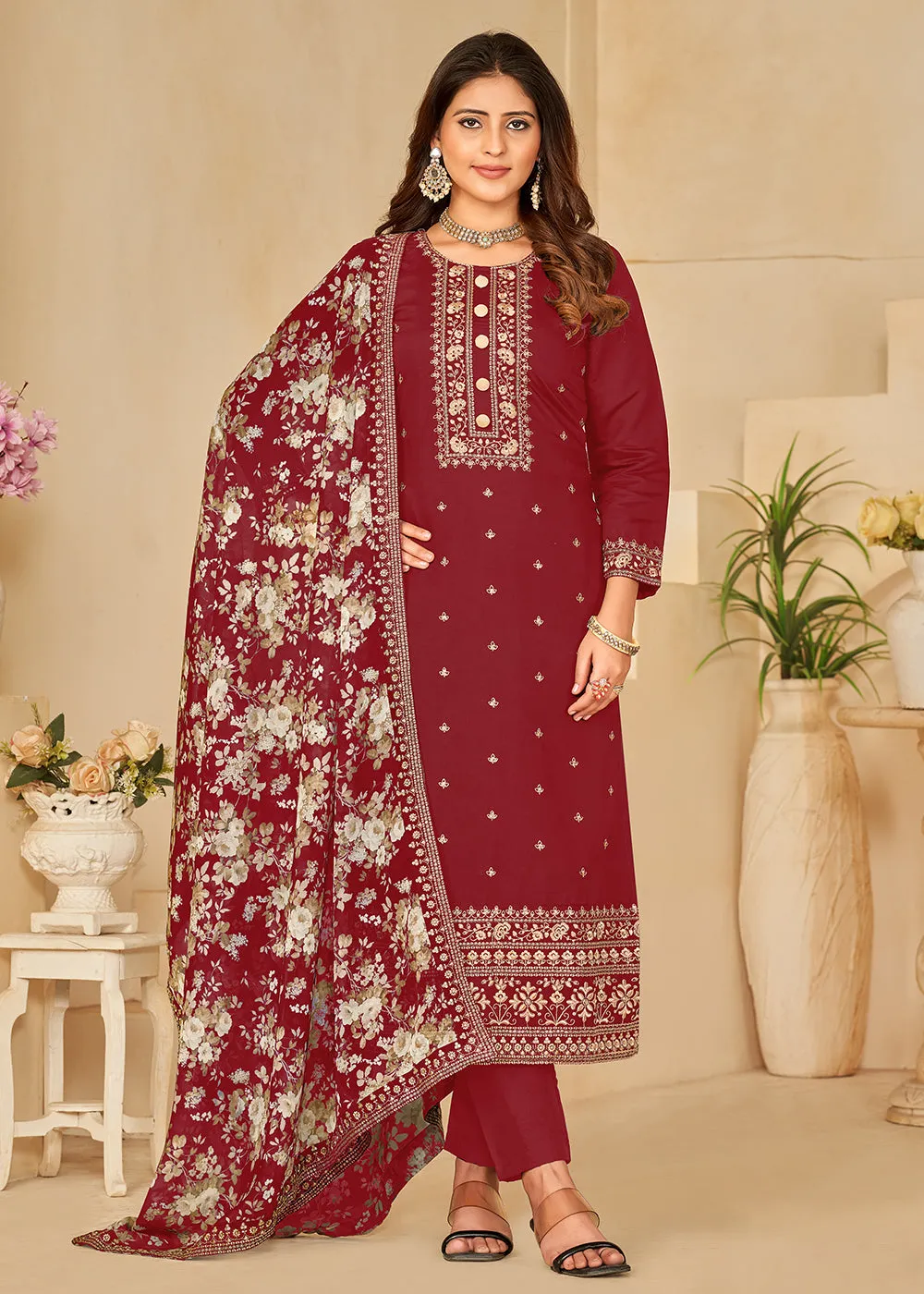 Pant Style Maroon Silk Embroidered Ethnic Salwar Kameez