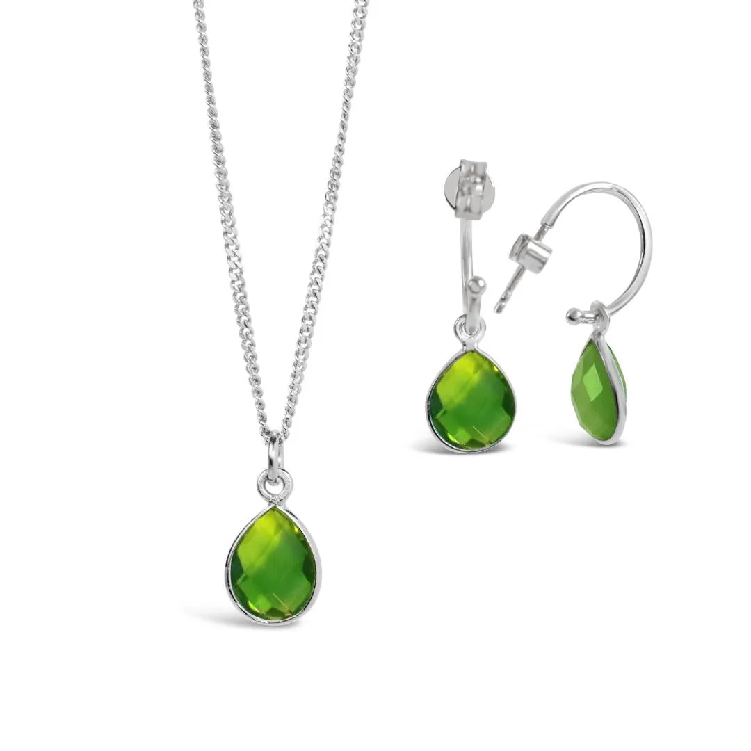 Peridot Drop Hoop Earrings | Silver - August