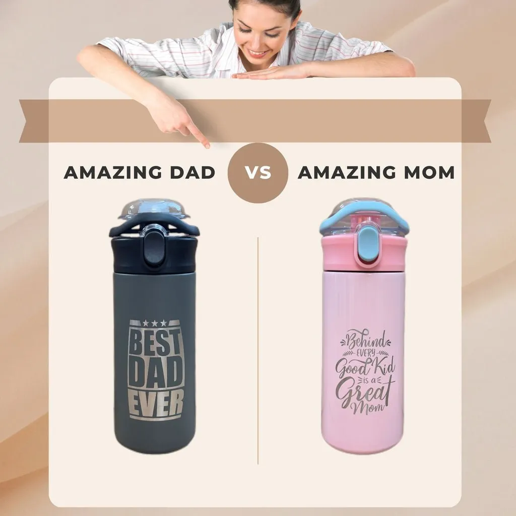 Personalized Tumbler Best Dad Amazing Mom Laser Engraved Water Bottle Insulated Stainless Steel with Straw Handle 16.9 oz