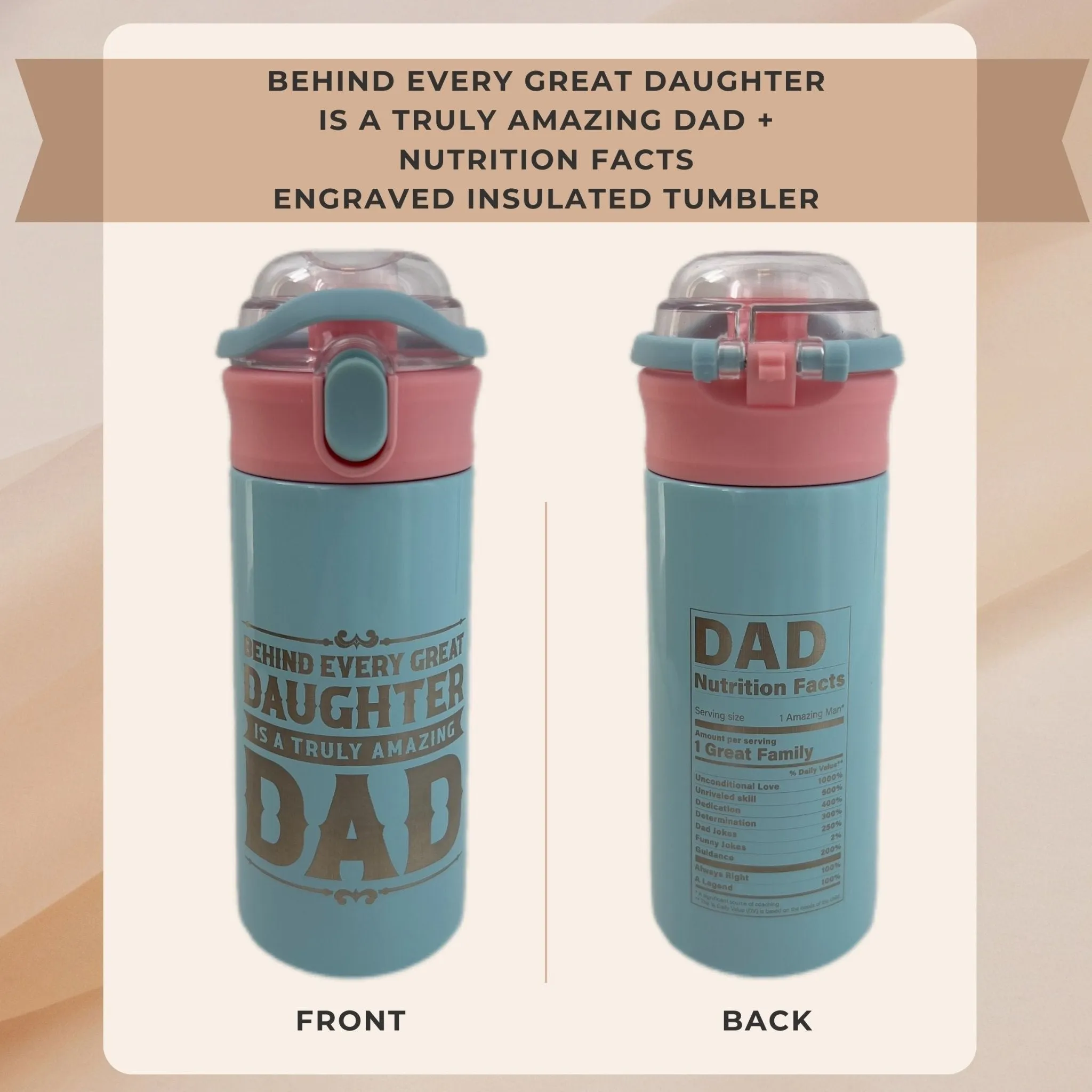 Personalized Tumbler Best Dad Amazing Mom Laser Engraved Water Bottle Insulated Stainless Steel with Straw Handle 16.9 oz